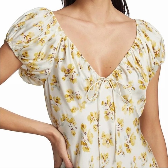 Doen Sera Gold Floral Silk Blend Babydoll Mini Dress Coquette Romantic - Picture 2 of 13